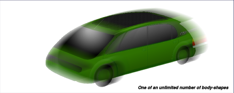 Because the E*Car has a rapid-change body bolted to a modular chassis, any body that fits can be mated to it. You can build your own, or have a third party build one. You could have several in your garage for different purposes.