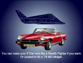 You can make your EStarCar look like a Stealth Fighter if you want (shorn of its wings), or, scaled to fit, a 1978 MG. So long as the body fits the simple chassis requirements...